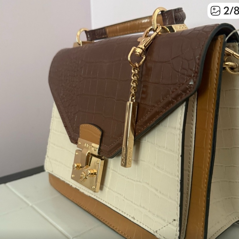 Aldo Brown and Cream Croc-Embossed Satchel
